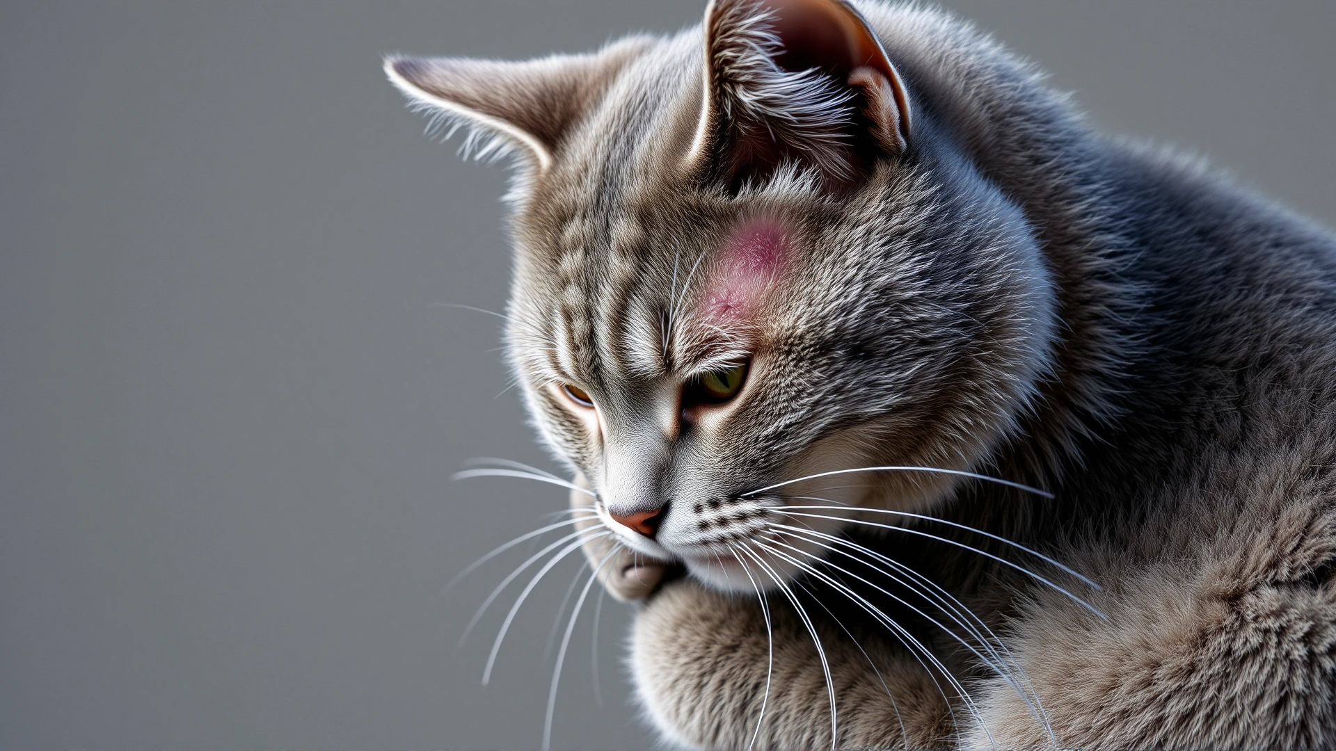 Medium shot of a gray domestic cat intensely scratching the side of its body, illustrating itching caused by skin infection.