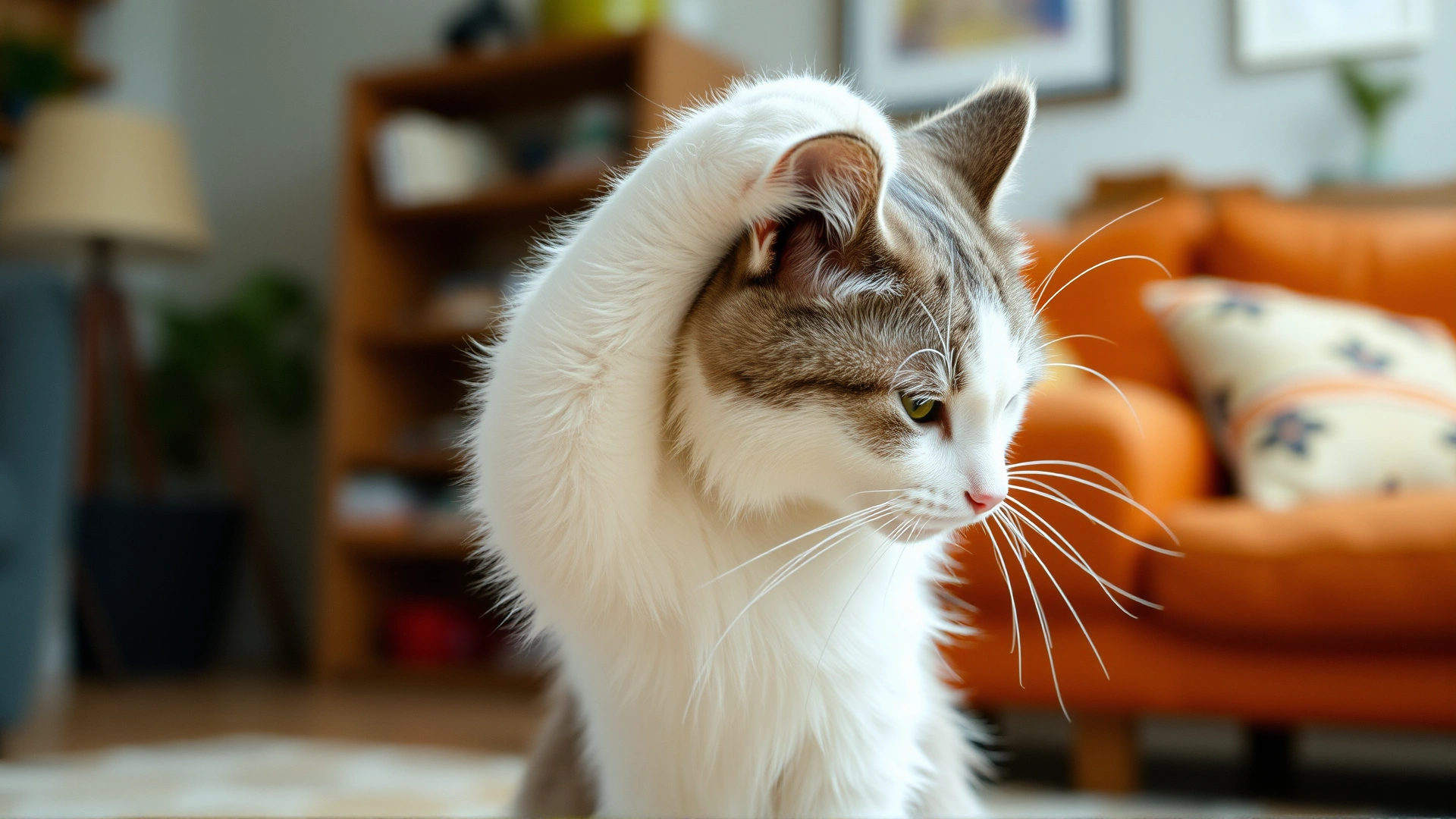 White and gray cat vigorously scratching behind its ear in a cozy living room, motion captured, high-resolution.