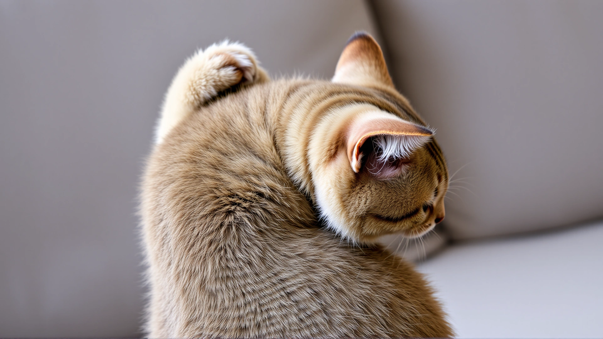 Domestic short-haired cat vigorously scratching the back of its neck while sitting on a couch.