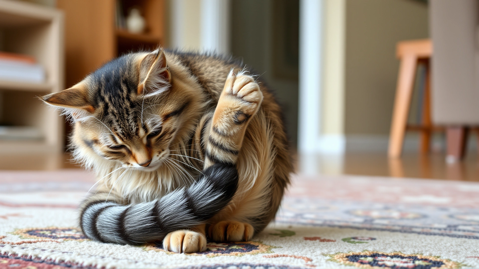 Short-haired tabby cat intensely scratching the base of its tail while sitting on a living-room rug, showing visible discomfort. No text.