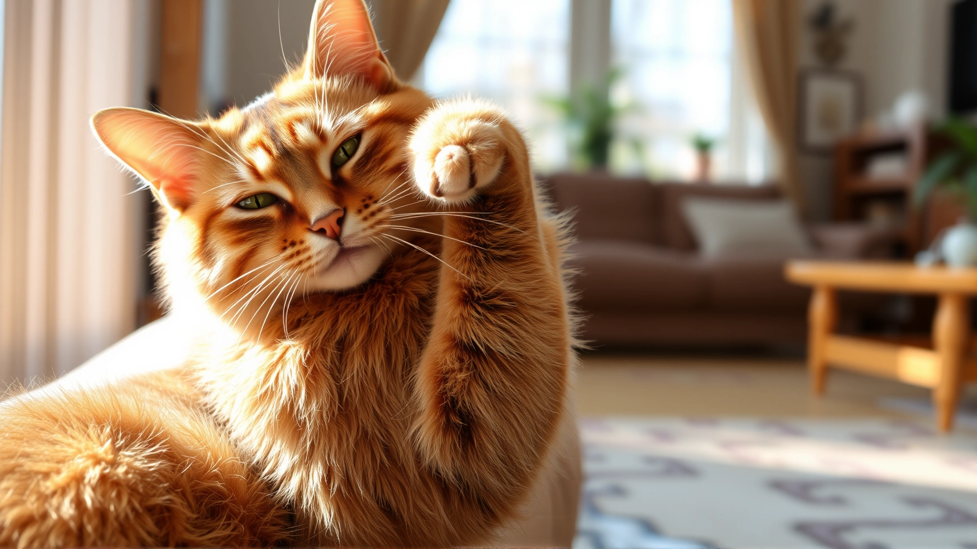 Domestic cat scratching the side of its neck with hind leg, living-room environment, natural light.