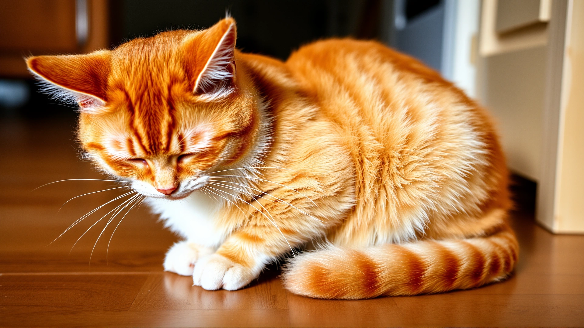 Medium shot of an orange tabby cat vigorously scratching behind its ear while sitting on a wooden floor, natural home lighting, clearly showing discomfort.