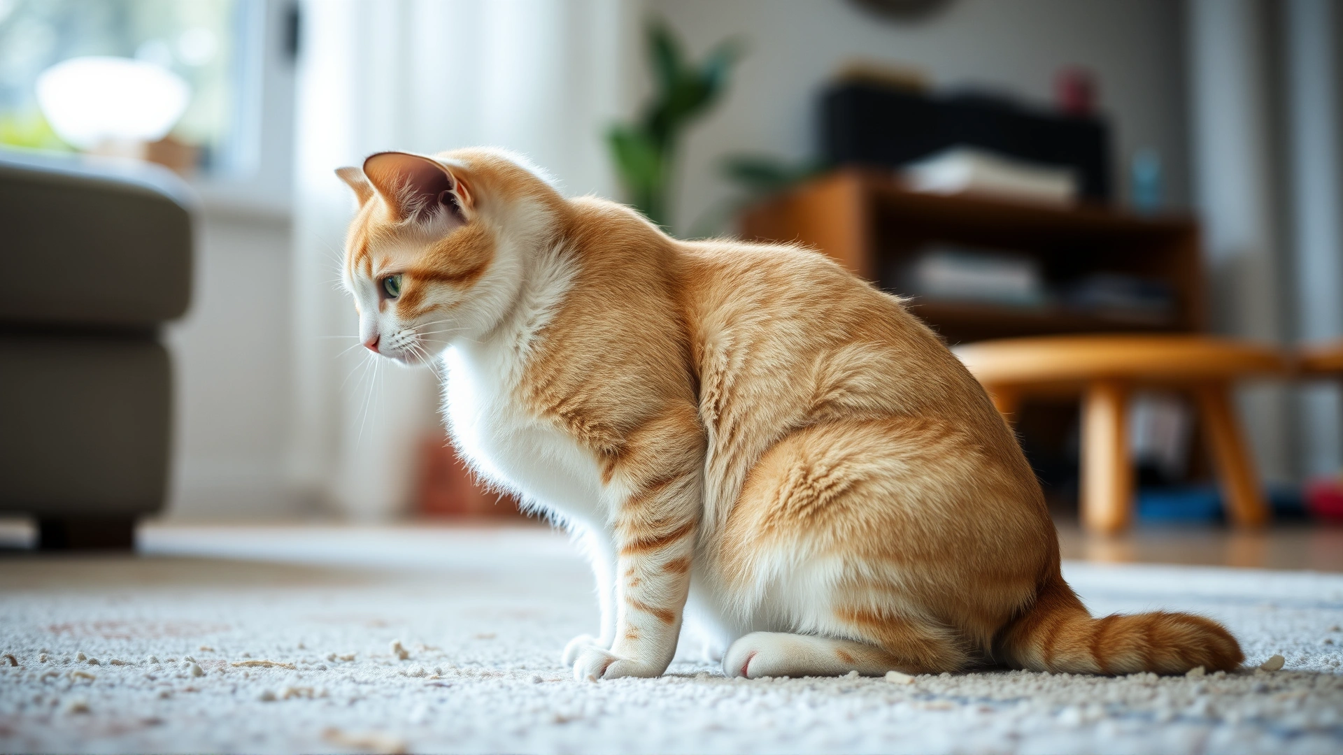 Domestic short-haired cat sitting on a living-room carpet, scratching its ear with a hind leg, natural daylight