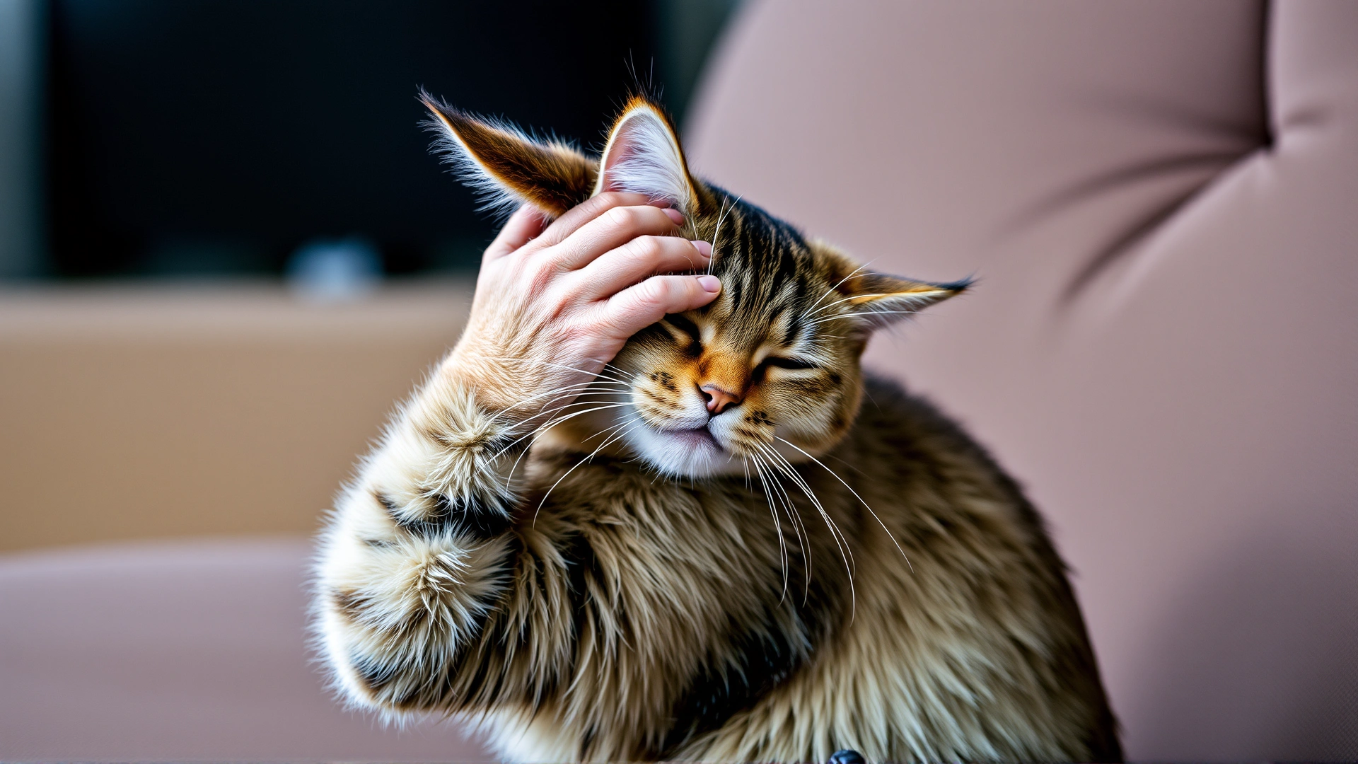 Domestic short-haired cat vigorously scratching its ear while sitting on a couch, showing discomfort.