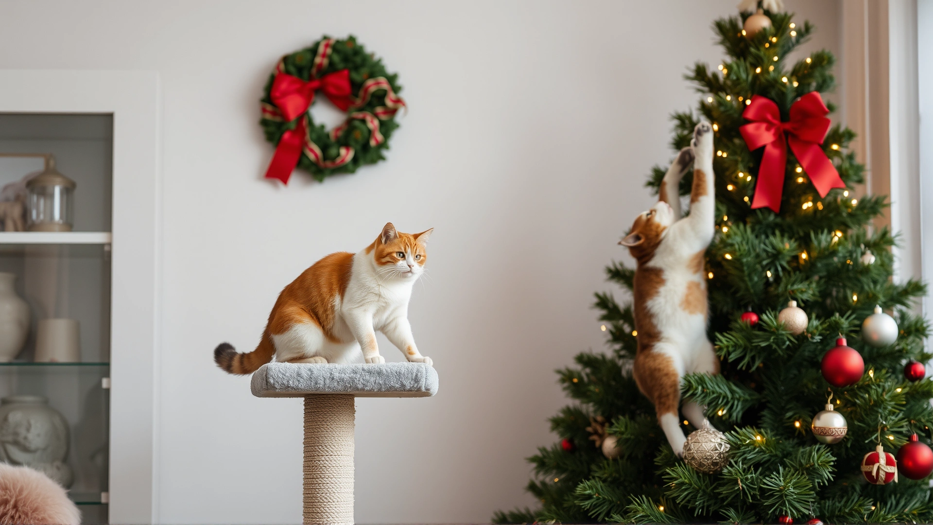 Indoor shot of a decorated Christmas tree beside a tall cat scratching post where a cat is climbing, demonstrating a safe alternative.