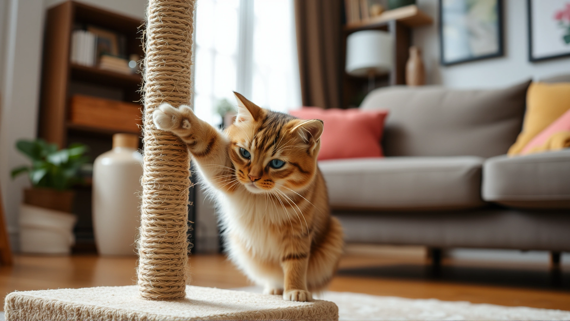 Content domestic cat stretching and using a sisal scratching post in a cozy living room, promoting healthy nail maintenance.