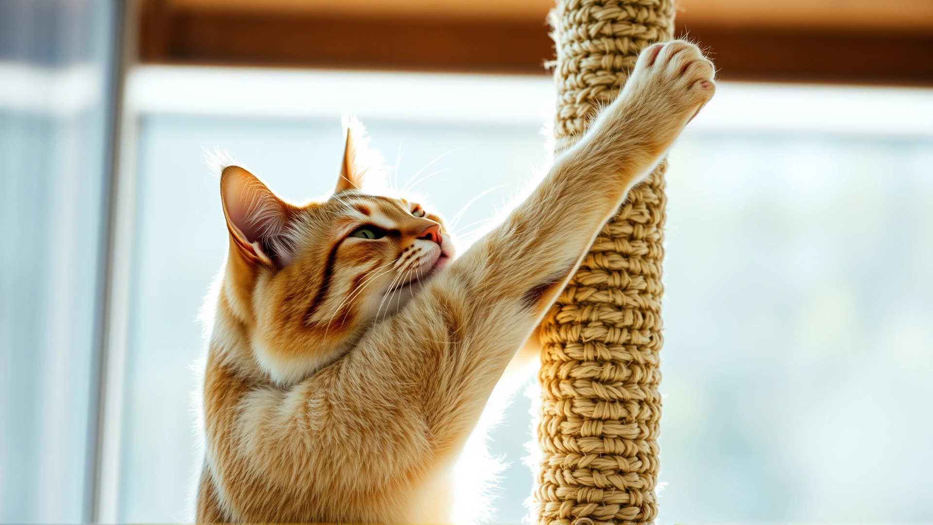 Close-up of adult cat stretching and scratching on a tall sisal scratching post near a bright window.