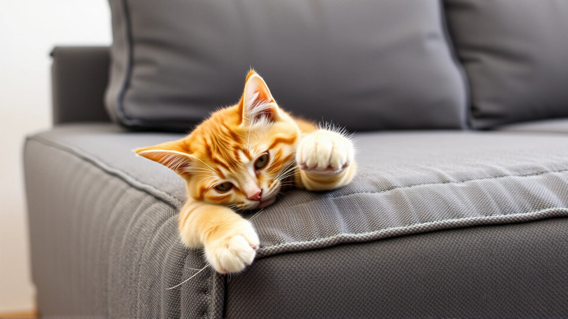 A mischievous orange tabby cat caught mid-scratch on the arm of a gray sofa, with loose fabric threads visible; conveys the problem behavior.