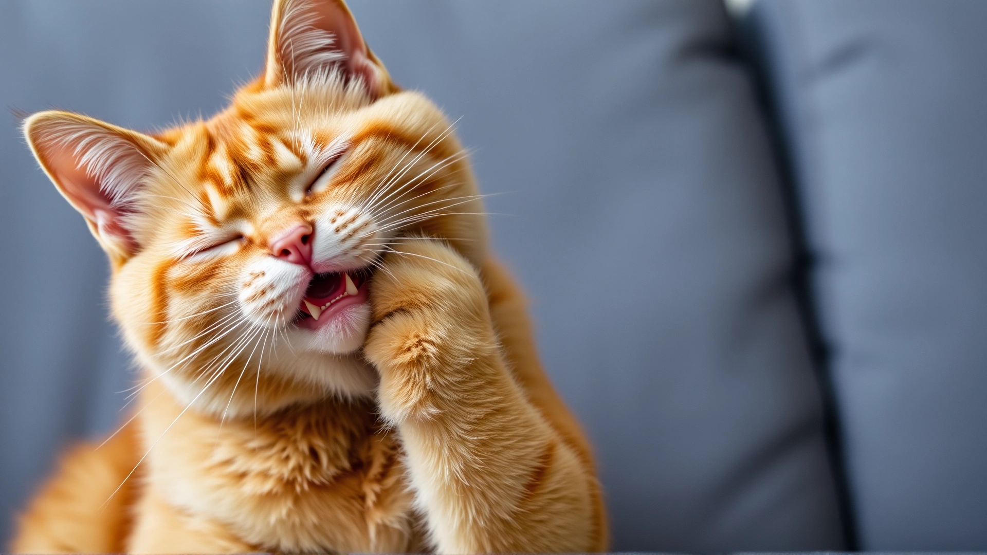 Close-up of an orange cat urgently scratching its neck while sitting on a couch, illustrating discomfort.