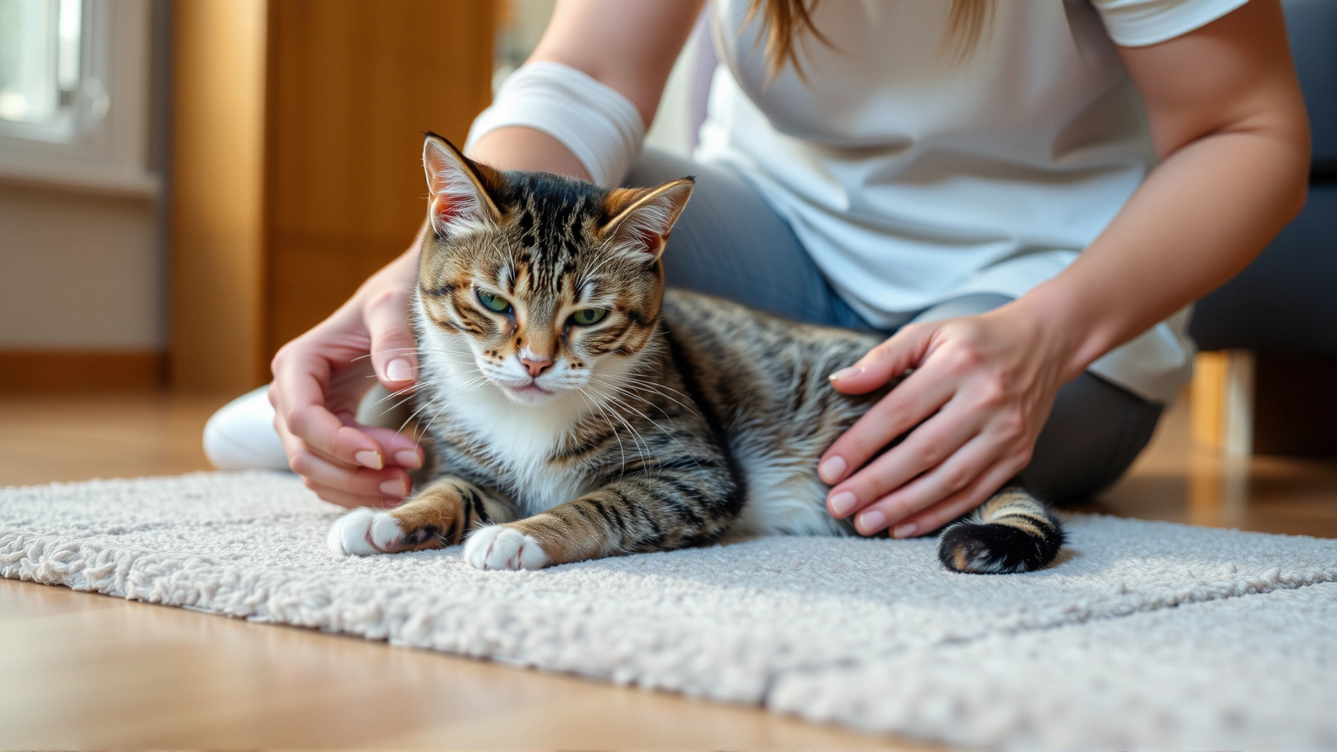 Owner calmly positioning their cat on a padded floor, clearing nearby objects to keep the cat safe during a seizure episode.
