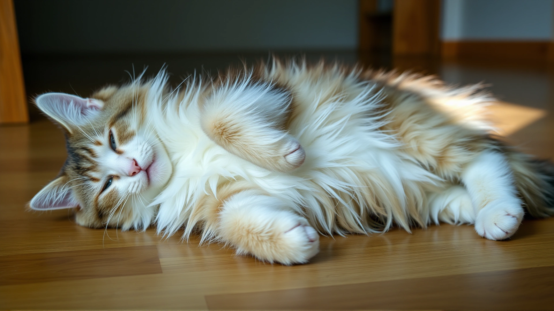 Domestic long hair cat lying on its side on a hardwood floor during a mild seizure episode, soft indoor lighting, natural setting