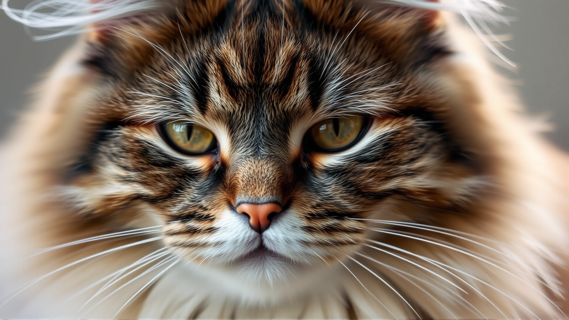 Portrait of a senior long-haired cat with gentle lighting highlighting its aging features
