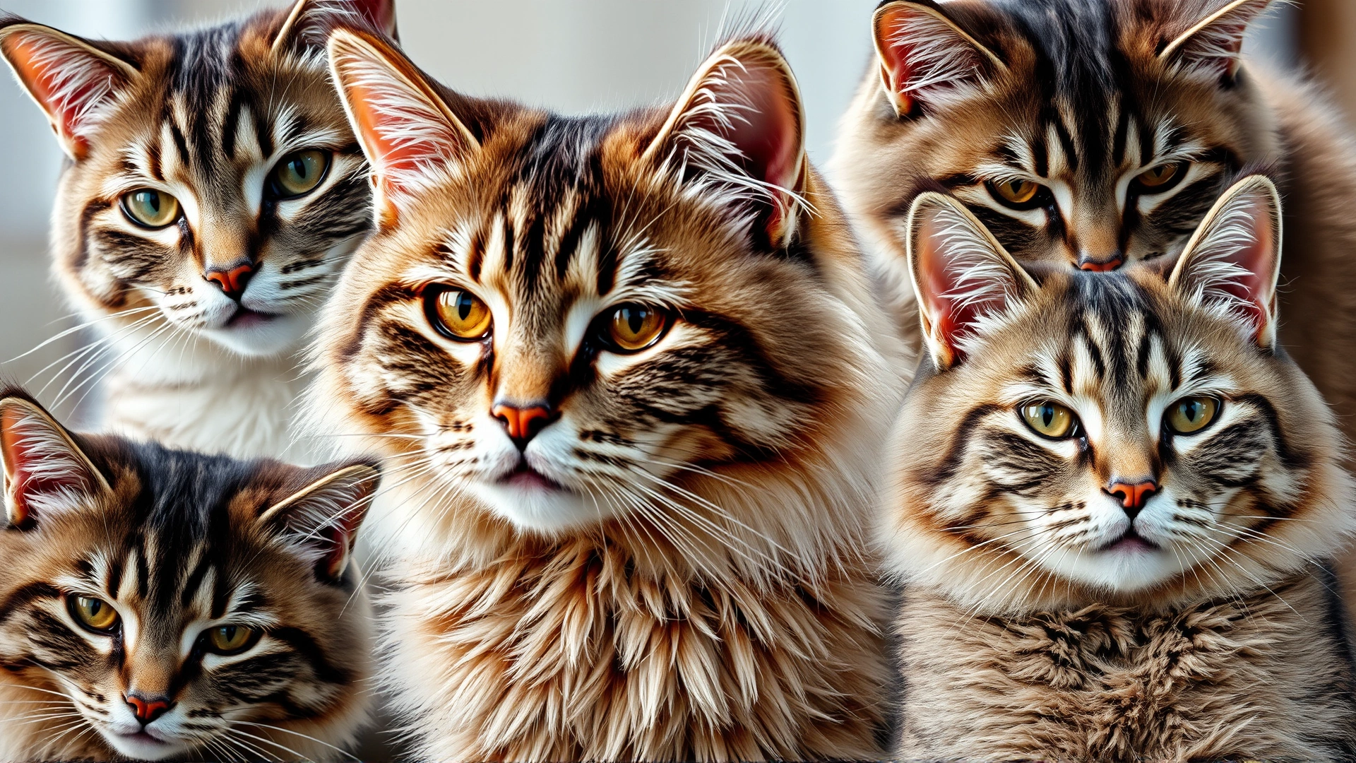 Collage-style image of several older cats displaying subtle aging signs such as graying fur, slower movements, and relaxed expressions