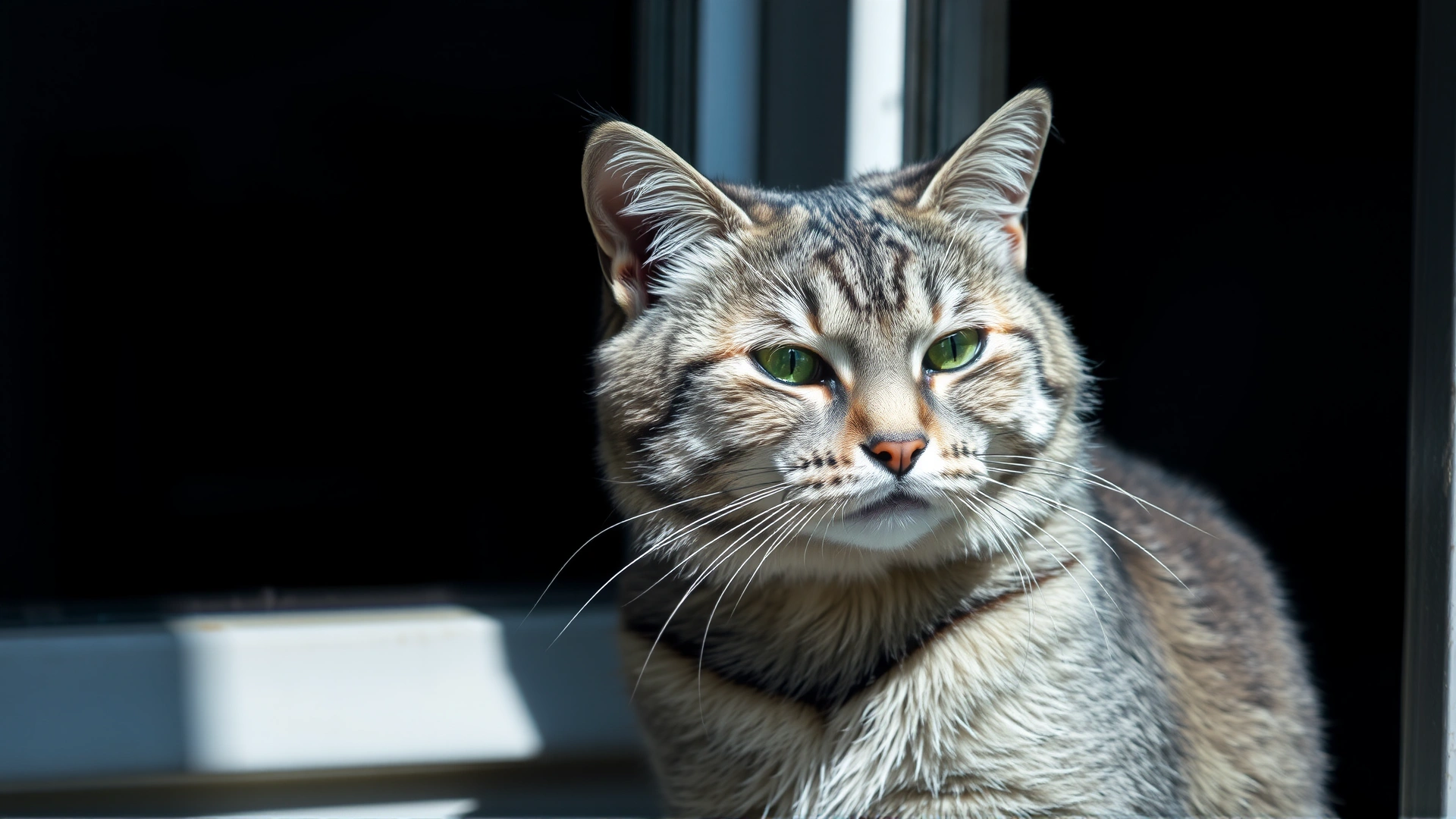 A senior feline with graying fur sitting pensively by a window, symbolizing age-related anxiety factors.