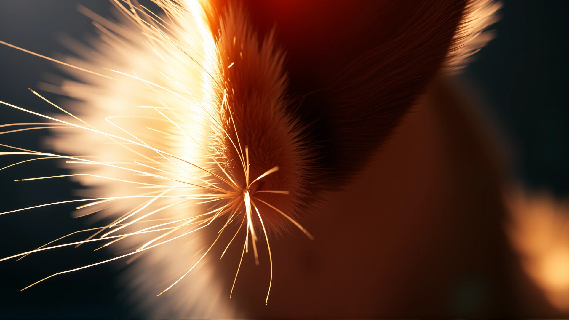 Macro photograph of a cat's ear and long whiskers highlighted by warm sunlight, emphasizing the fine hairs and sensory detail, no text