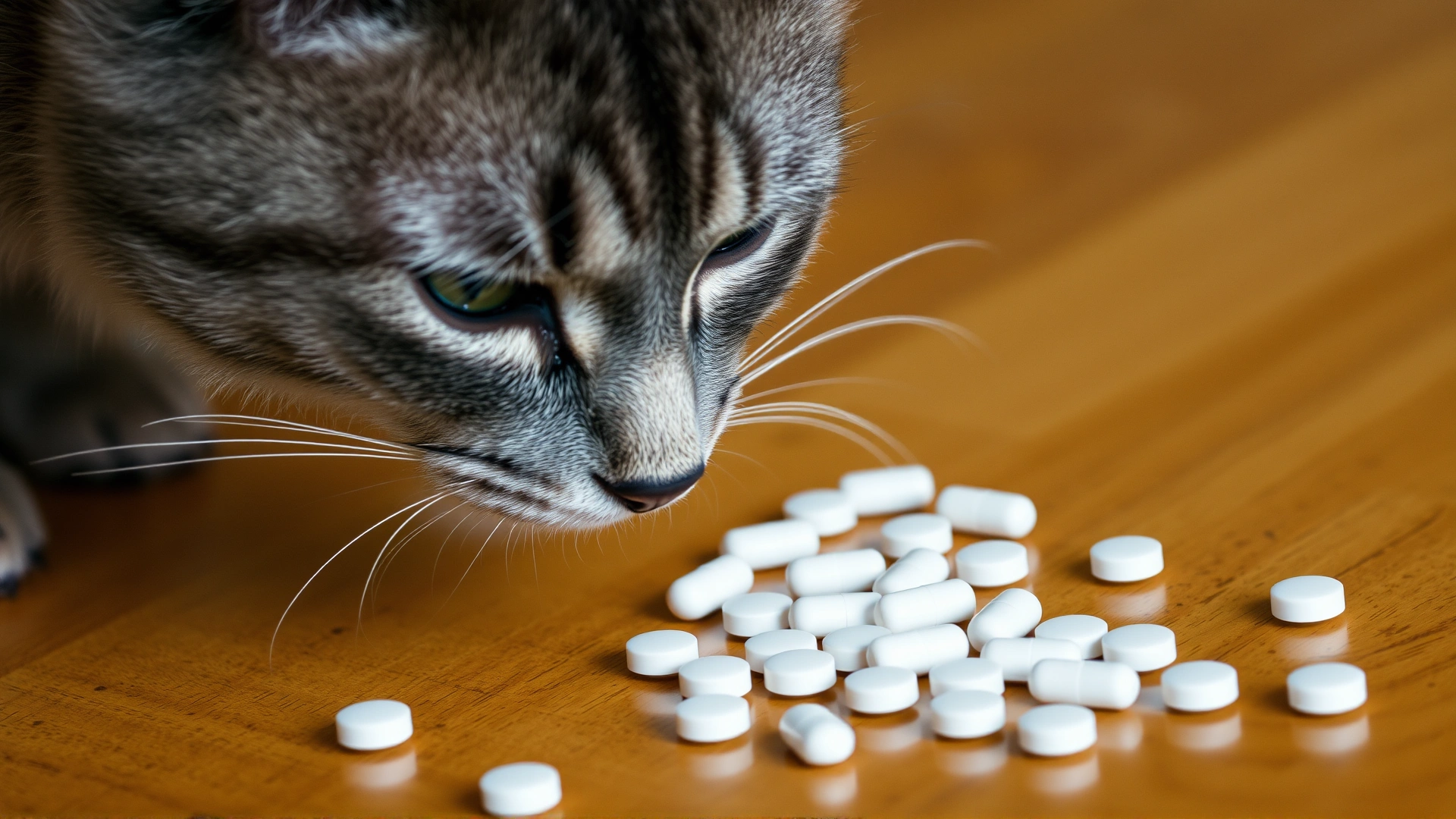 A close-up of a curious gray cat sniffing at a scattered group of white pills on a wooden surface (no visible text).