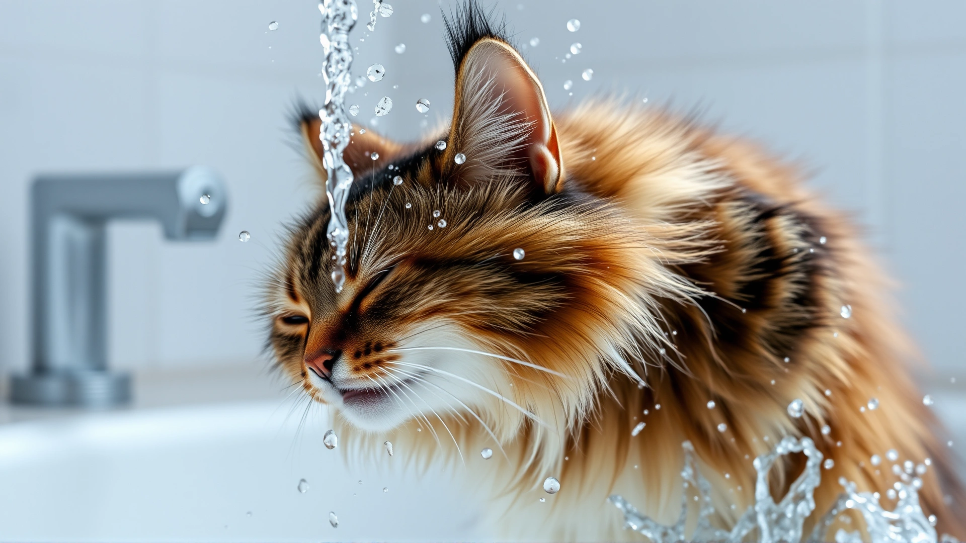 Domestic tabby cat vigorously shaking off water, droplets suspended mid-air, bathroom setting