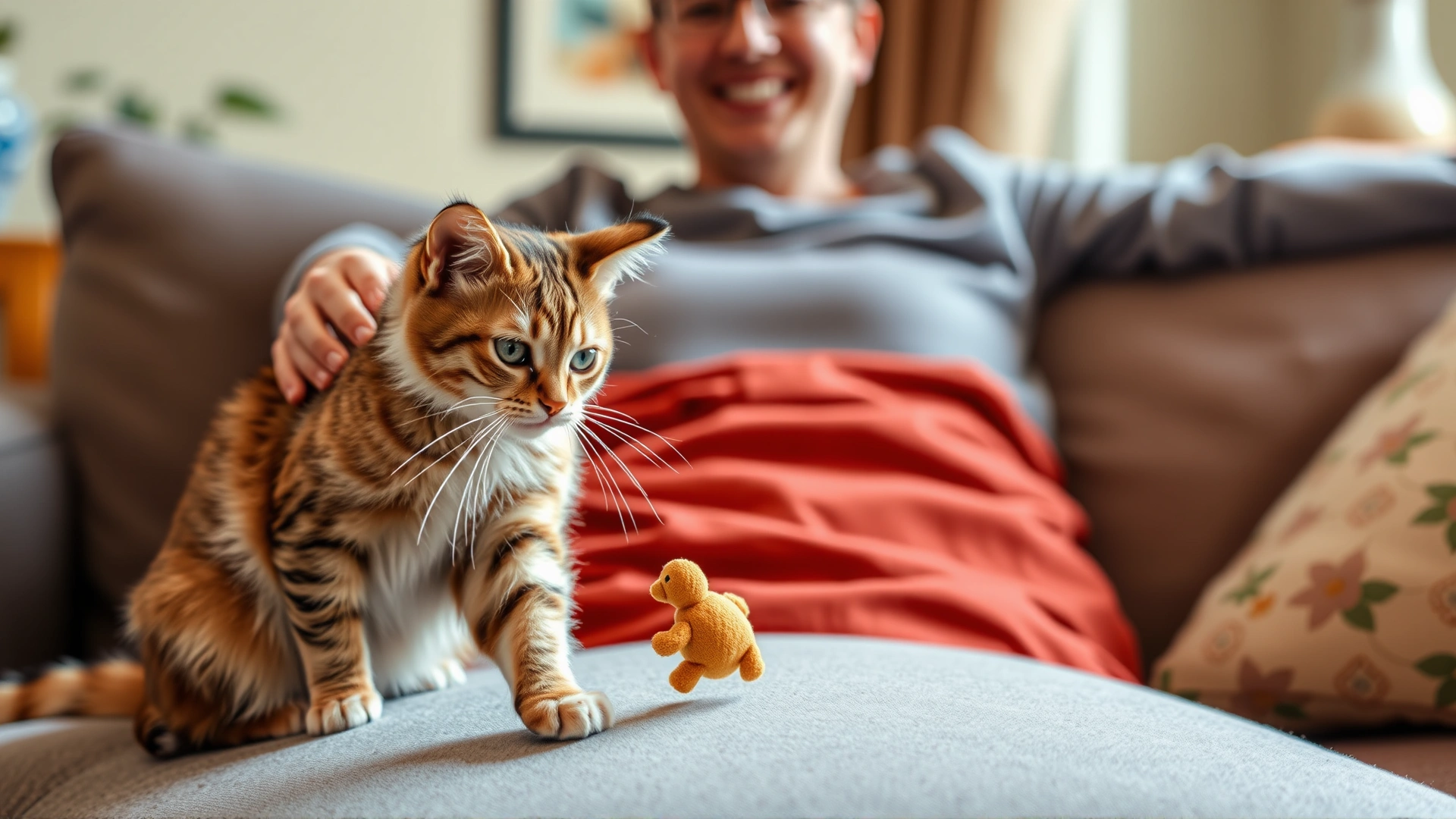 A domestic cat dropping a small stuffed toy at the feet of a smiling person sitting on a couch, cozy home environment.