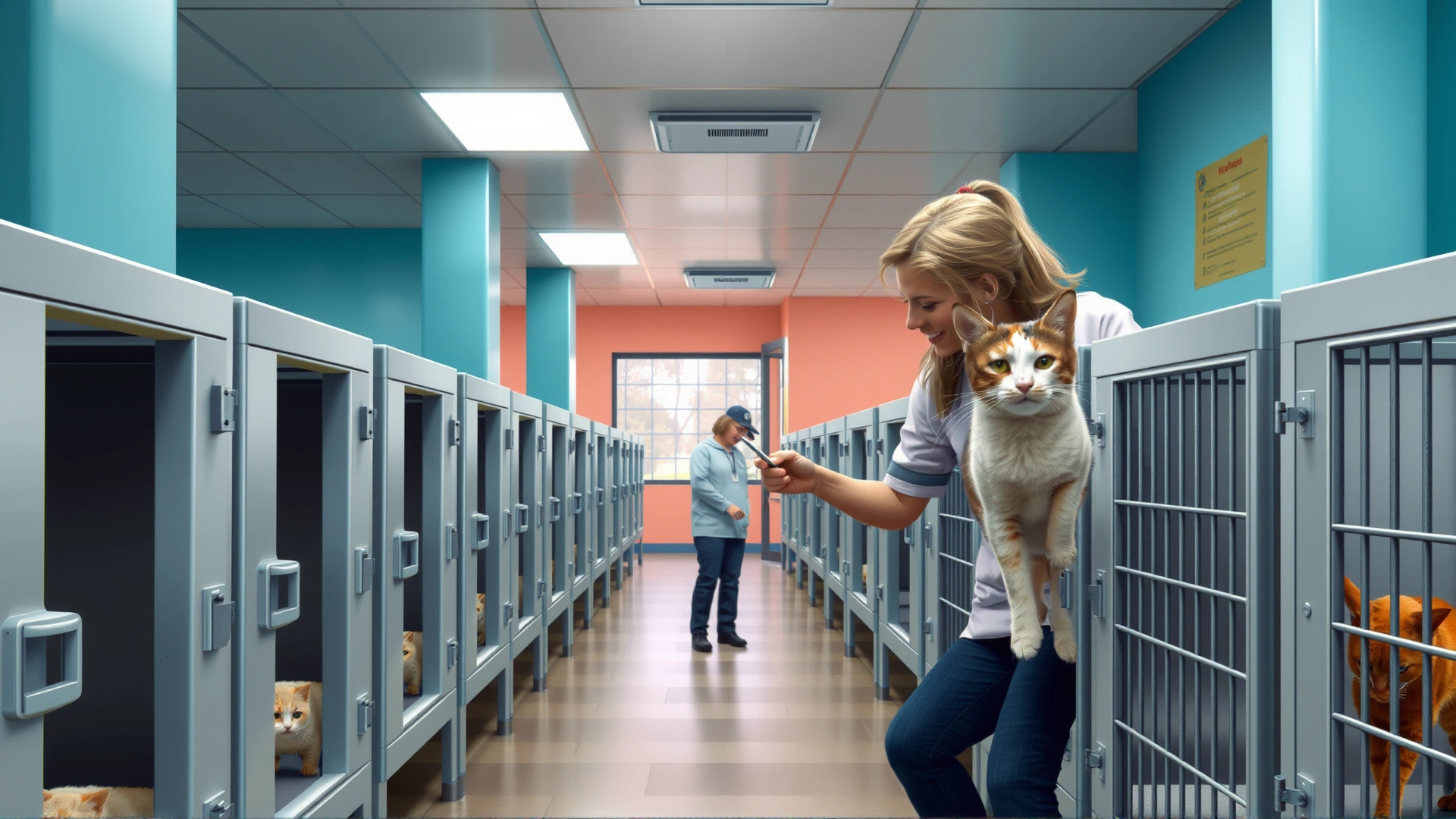 Interior of a clean, modern cat adoption shelter showing rows of spacious kennels and a volunteer interacting with a friendly cat through the bars.