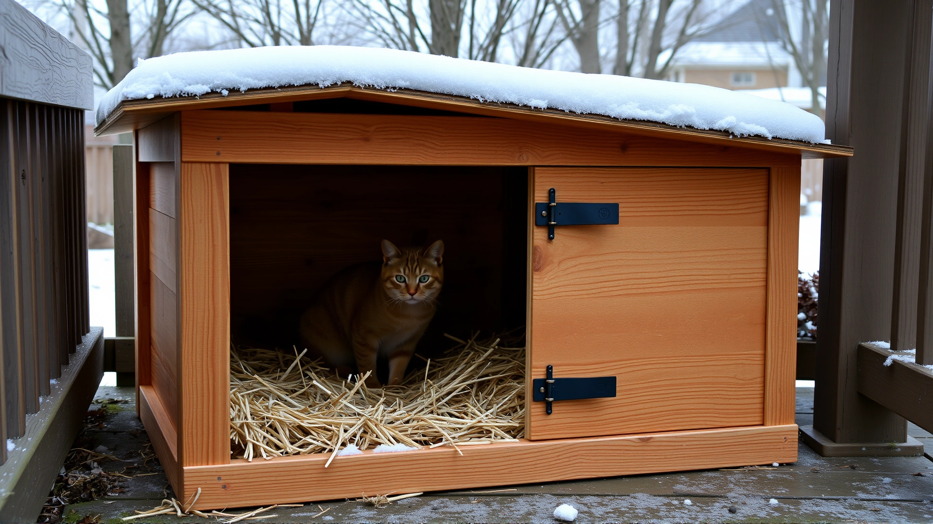 DIY insulated wooden outdoor cat shelter placed on a porch, stuffed with dry straw bedding, shot on an overcast winter day.
