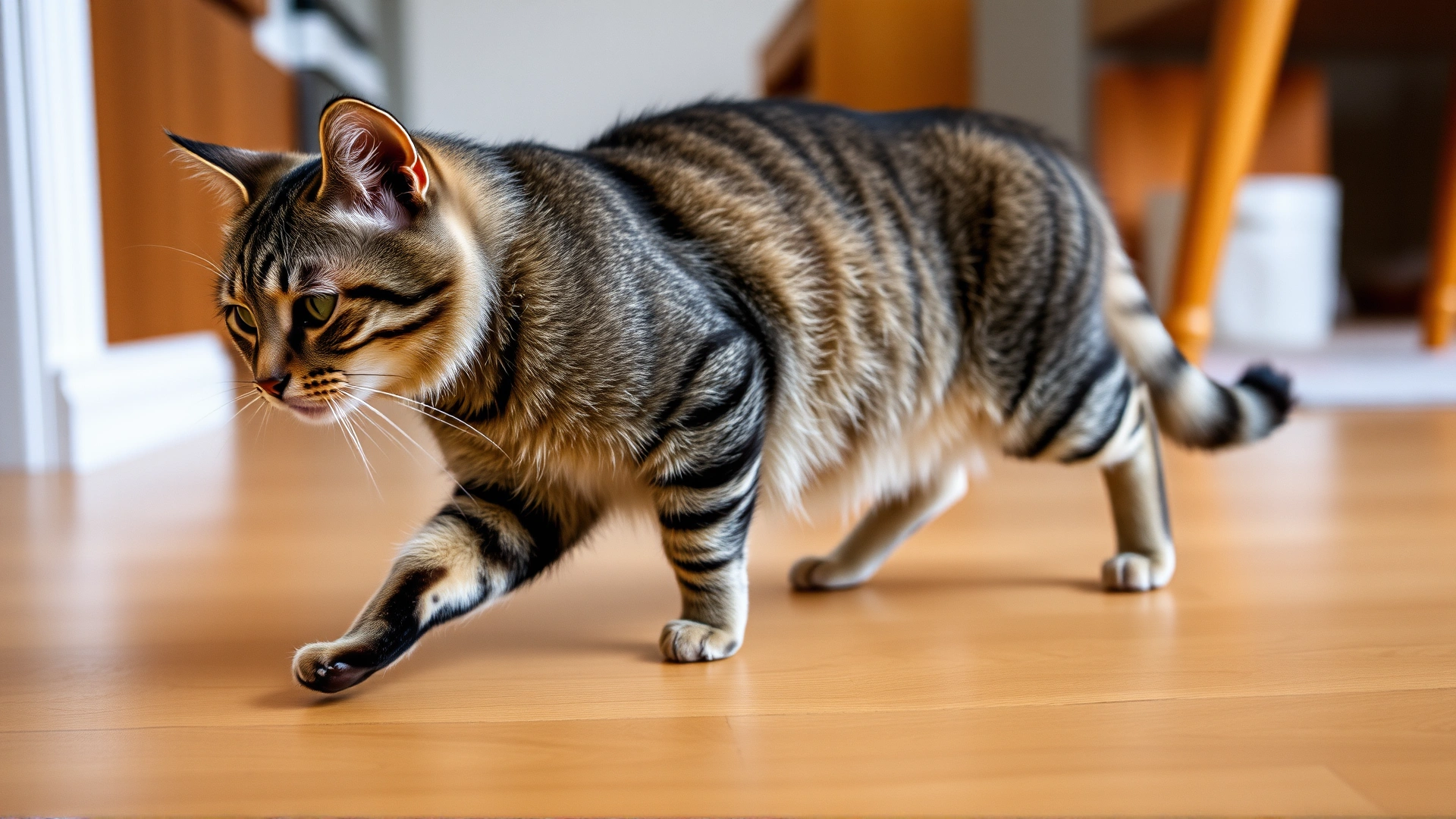 Photo of a tabby cat dragging its hind legs gently across a wooden floor, natural household setting, emphasizing the difficulty in movement