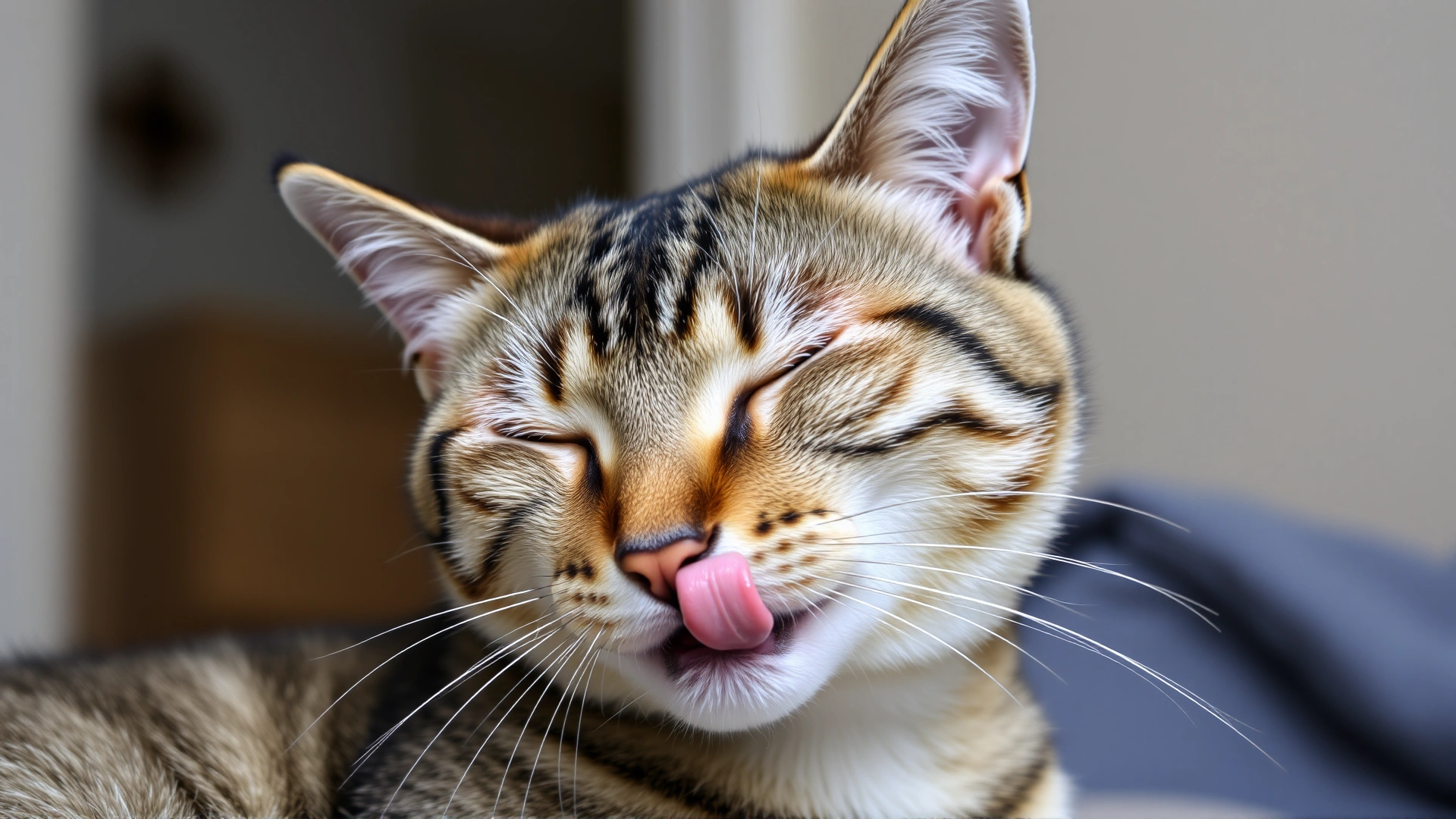 Portrait of a tabby cat with ears slightly back and tongue out, licking lips, expressing mild discomfort, indoors.