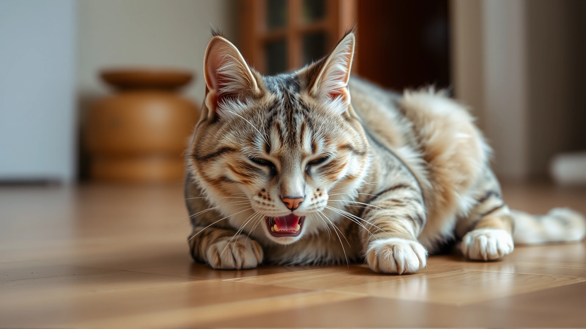 Domestic short-haired cat sitting lethargically on the floor, slightly open mouth breathing indicating respiratory distress, indoor home background