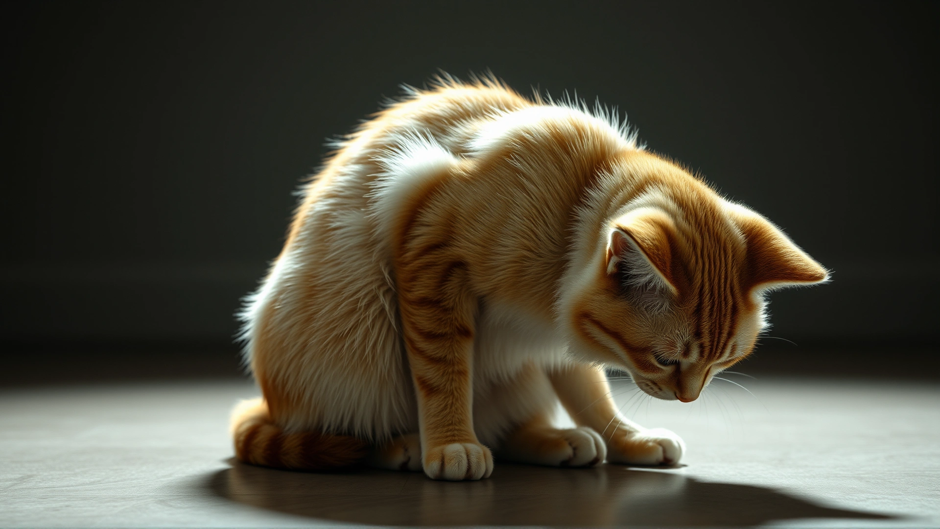 Domestic cat sitting with its head bent downward (ventroflexion) in a dimly lit room, showcasing neurological symptoms of thiamine deficiency. No text.