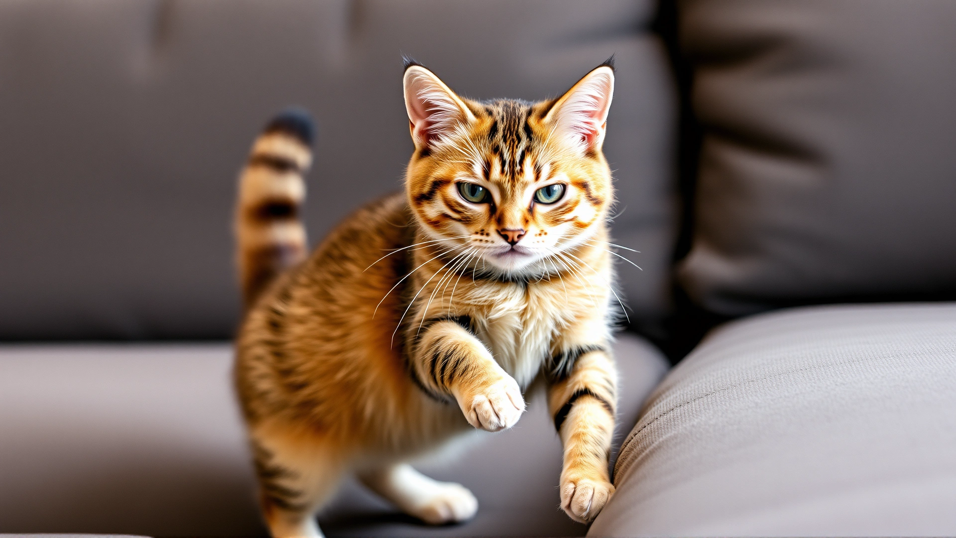 Photo of a domestic cat hesitating to jump onto a sofa, captured mid-pause, illustrating discomfort.