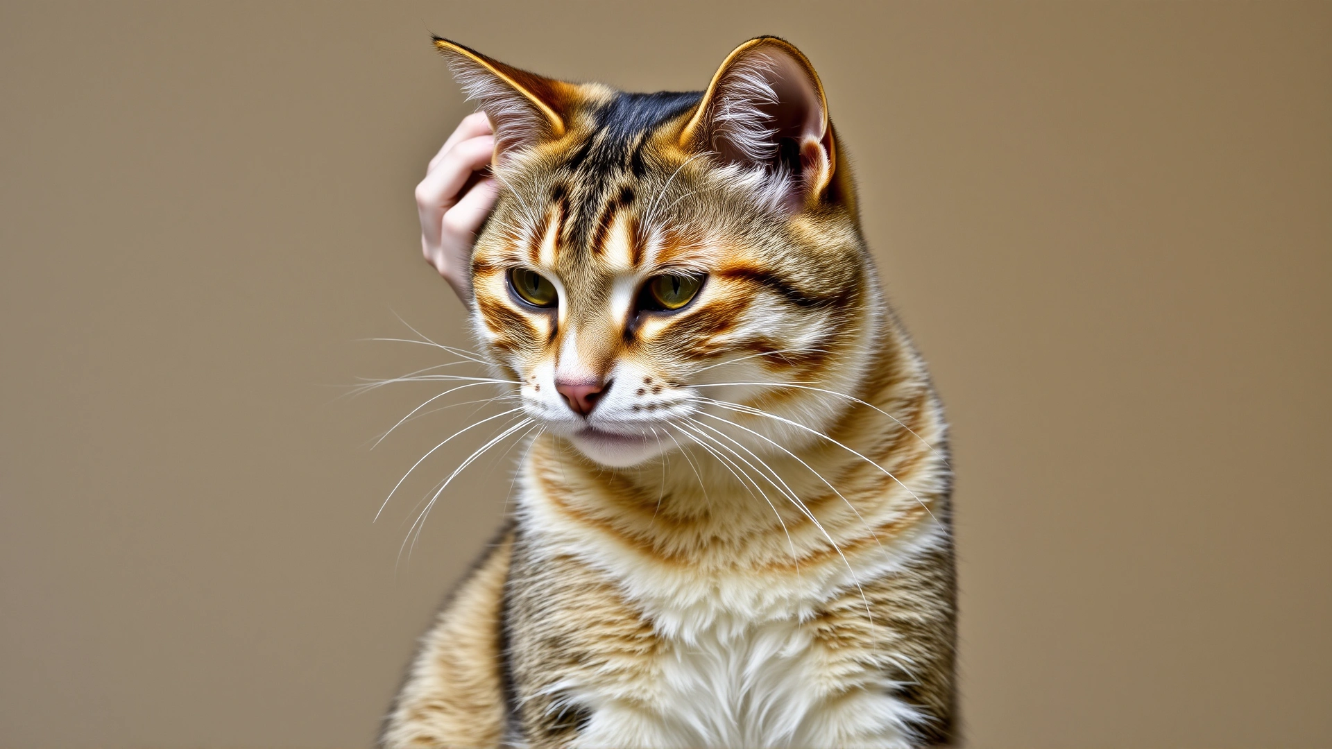 Cat sitting and scratching its ear, looking slightly uncomfortable, neutral indoor background.