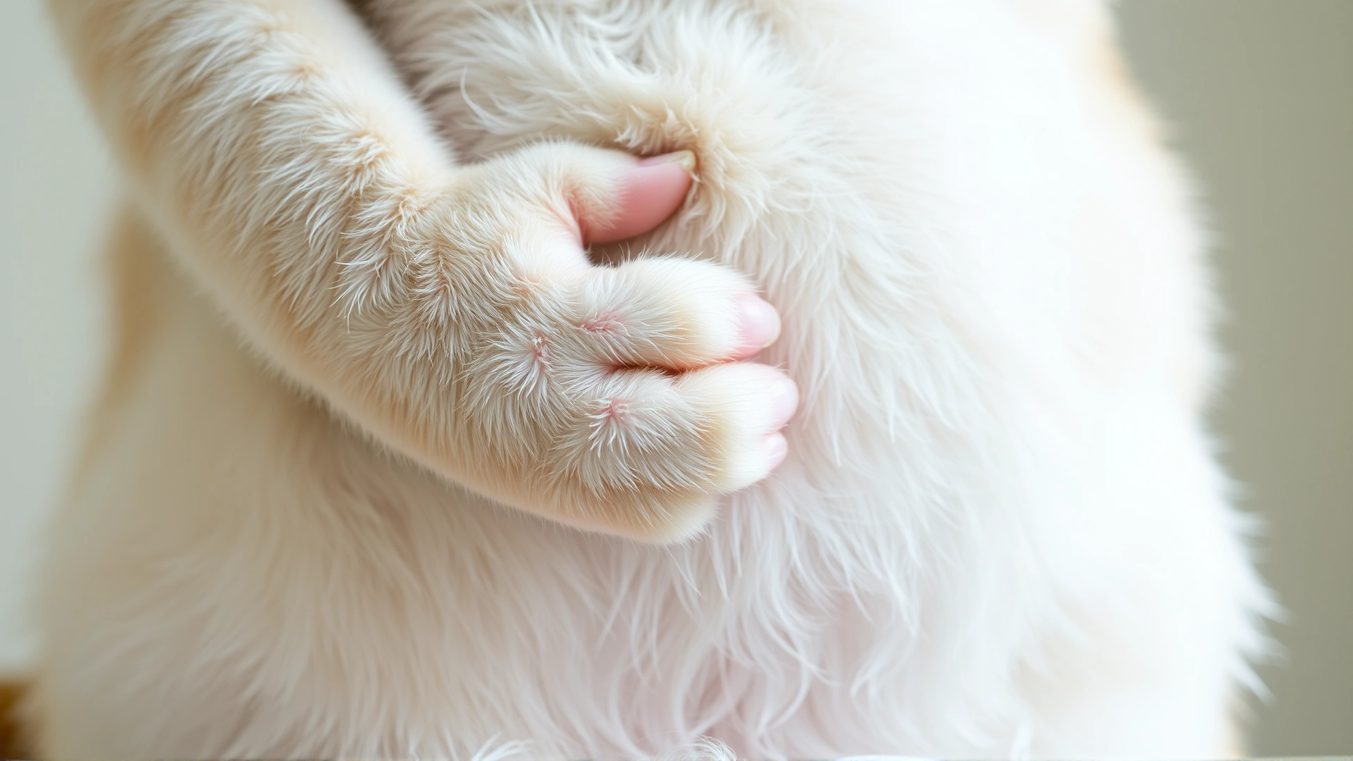 Macro shot of a cat’s paw gently touching its abdomen, symbolizing early signs of labor, with neutral background.