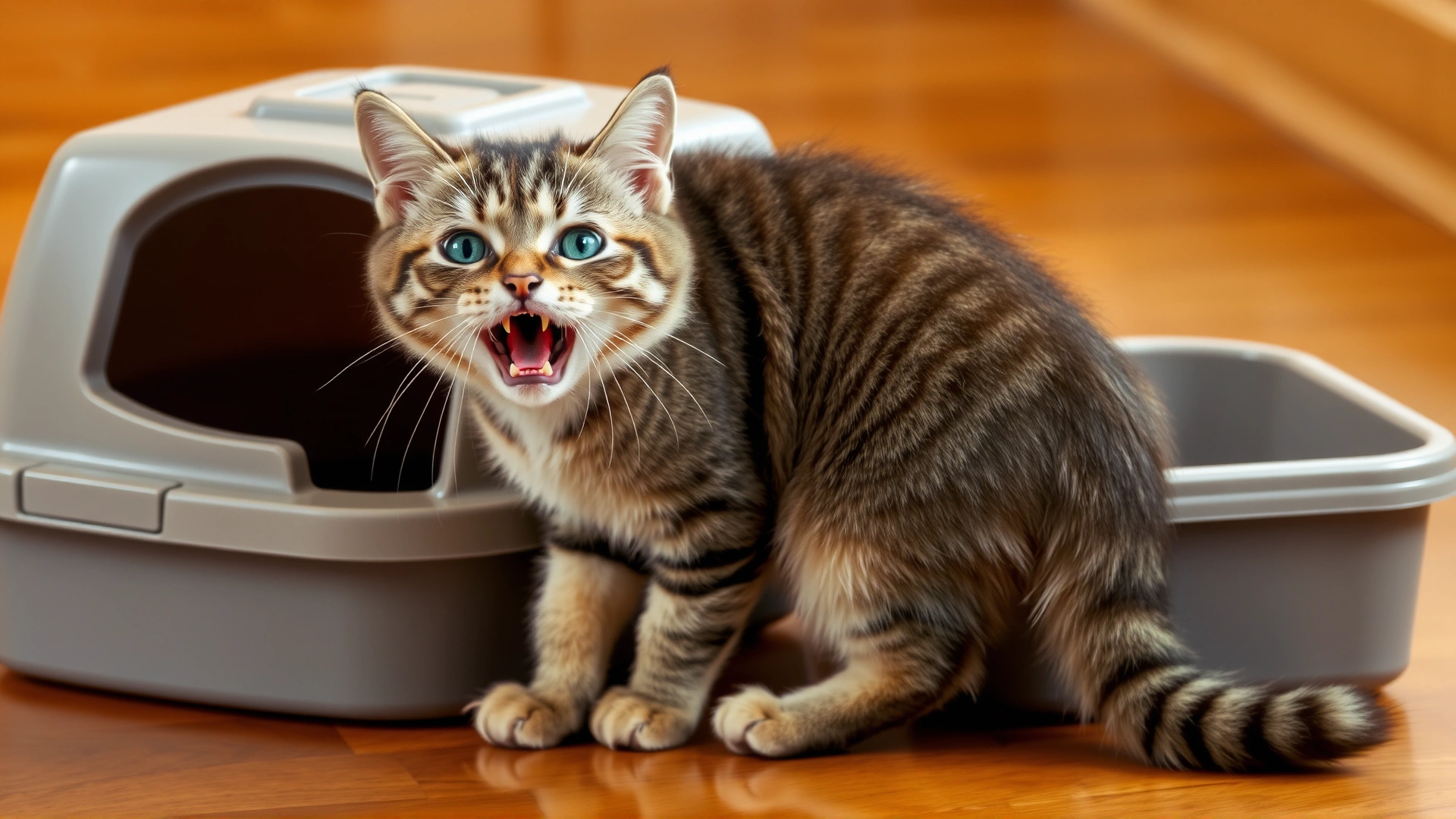 Domestic shorthair cat meowing next to a litter box, appearing distressed; hardwood floor background