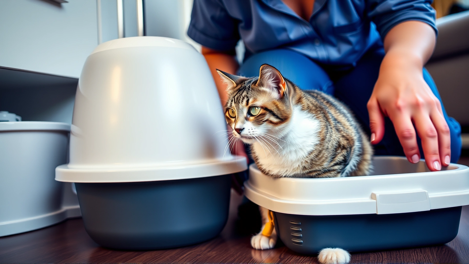 A professional cat sitter kneeling beside a litter box while a curious cat watches, showing in-home pet care during owner absence.