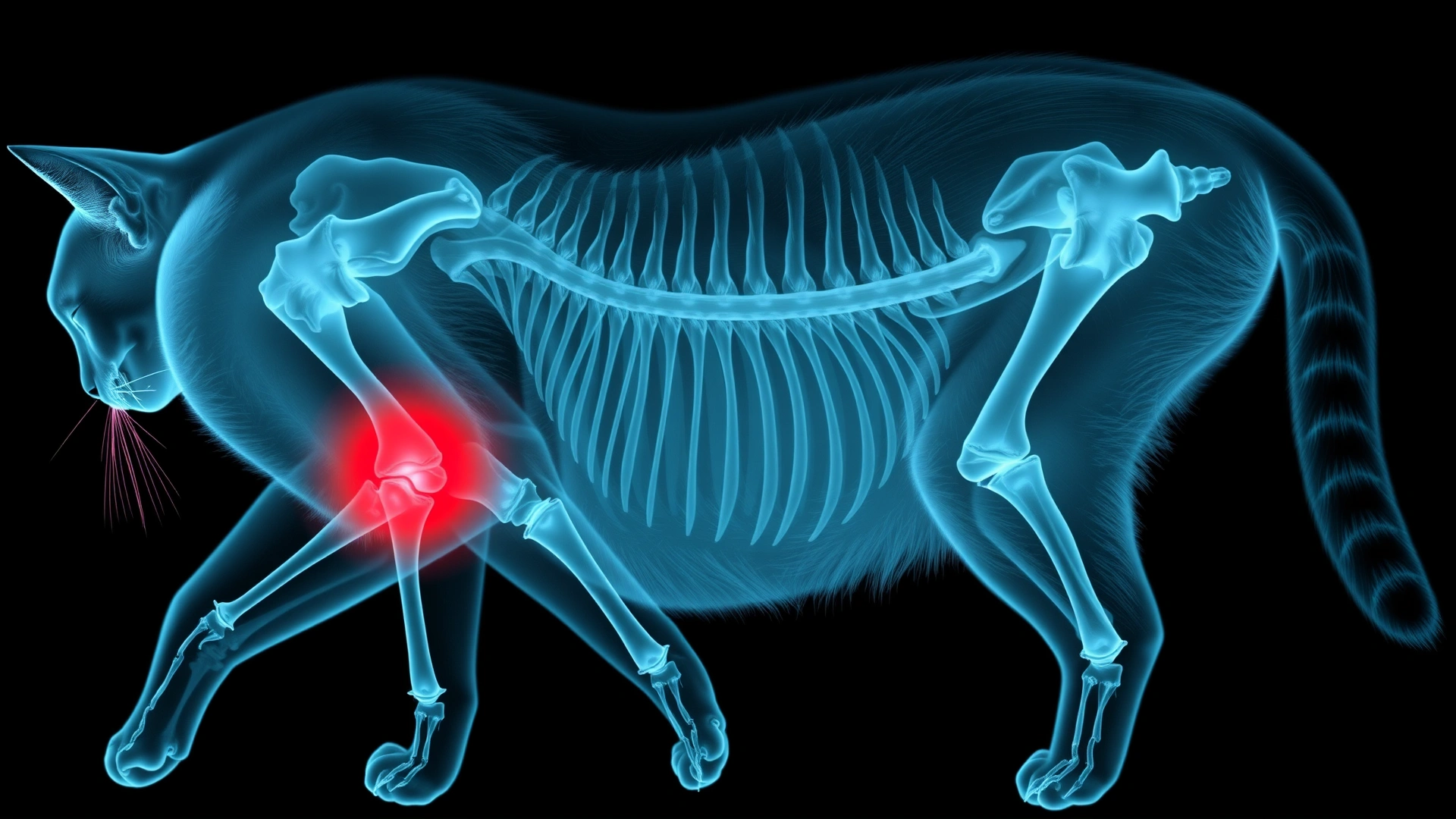 Veterinary-style x-ray illustration of a cat's hind limbs highlighting joint deformities, with no text.