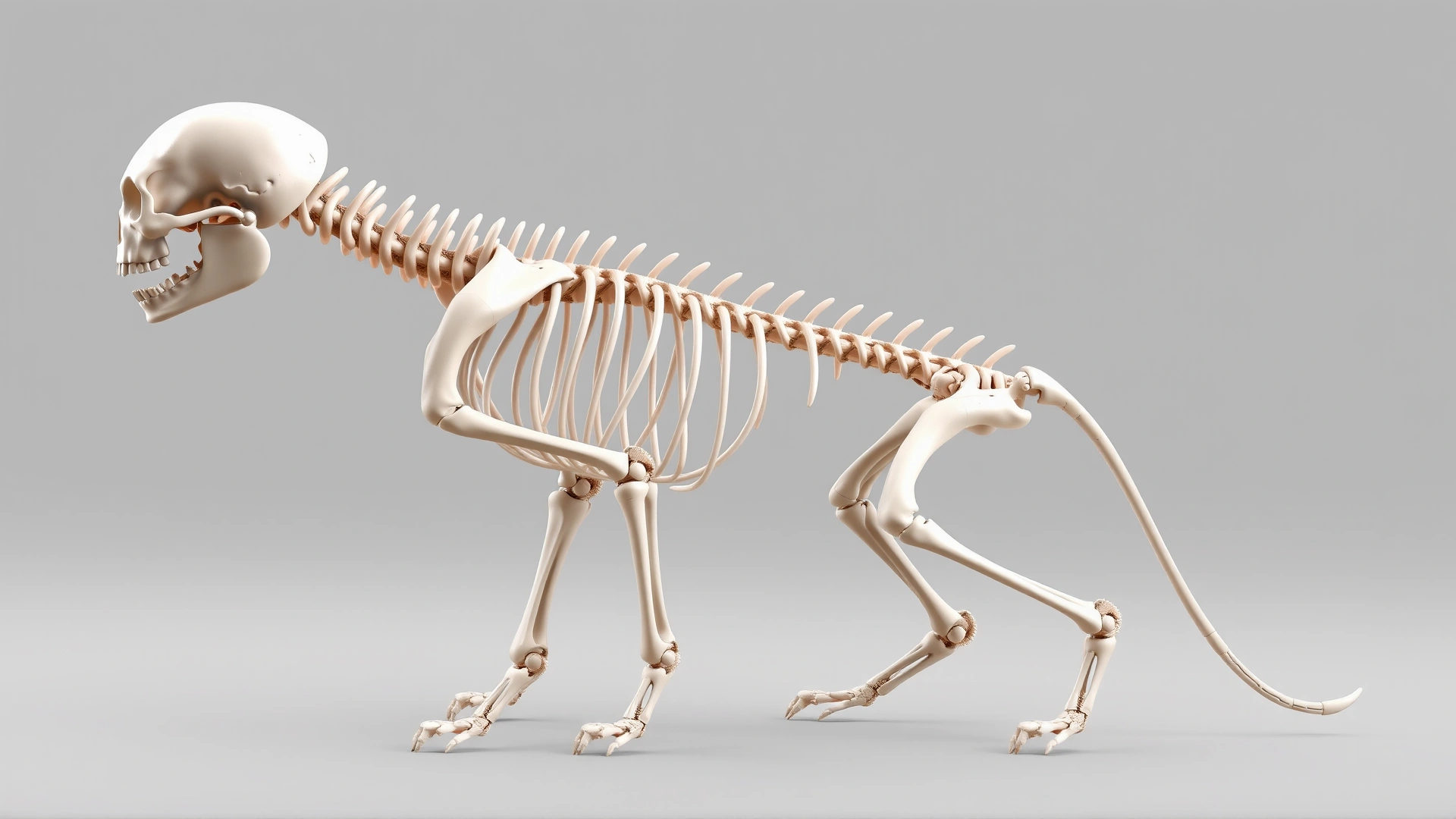 3D rendered anatomical illustration of a cat skeleton focusing on the vertebral column, neutral background, no text or labels