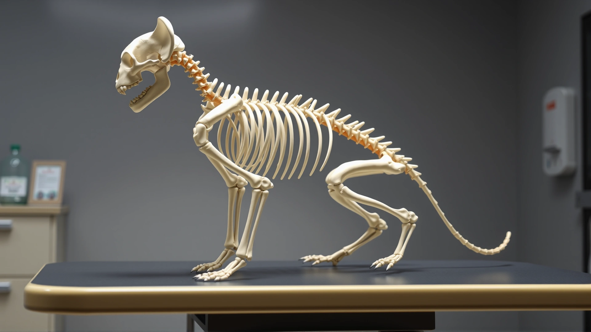 Illustrative photo of a cat skeleton model on a veterinary exam table, highlighting the bones of the limbs and spine