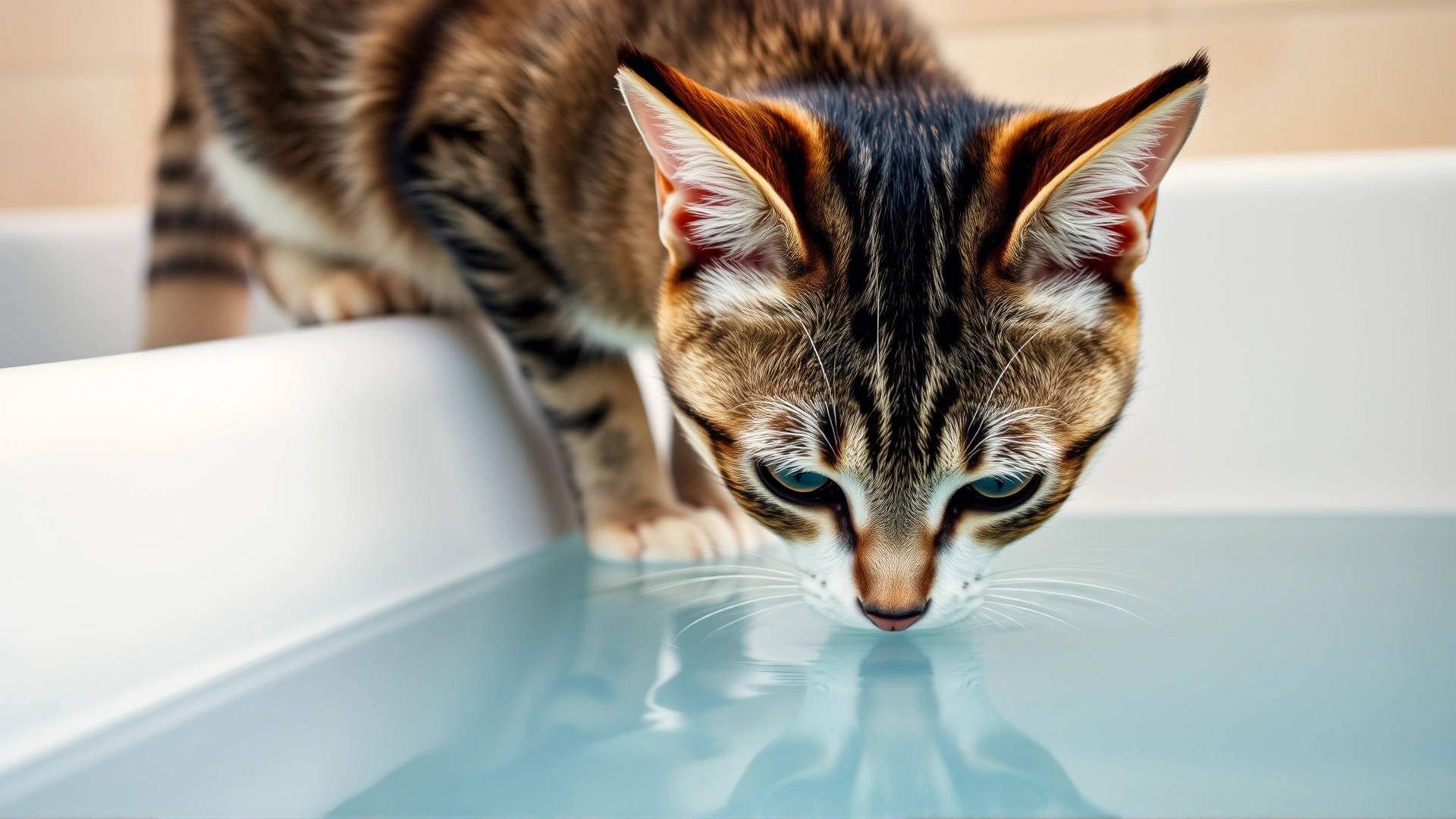 Close-up photo of a short-haired tabby cat cautiously sniffing the edge of a filled bathtub, ears slightly back, illustrating common feline water aversion.