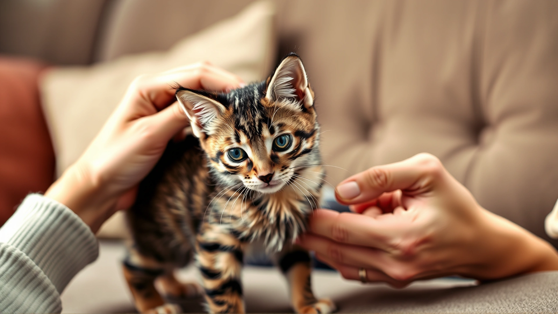 Cat owner at home gently lifting the skin on the back of a young tabby kitten to check for elasticity, soft sofa background, warm lighting