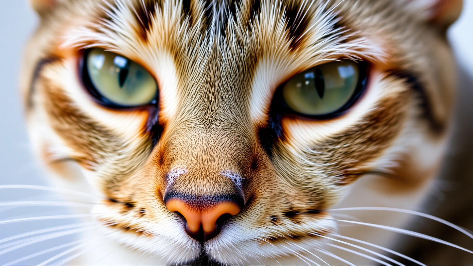 Close-up portrait of a short-haired cat revealing noticeable depigmented patches around its nose and eyes, shot in natural daylight, high resolution.