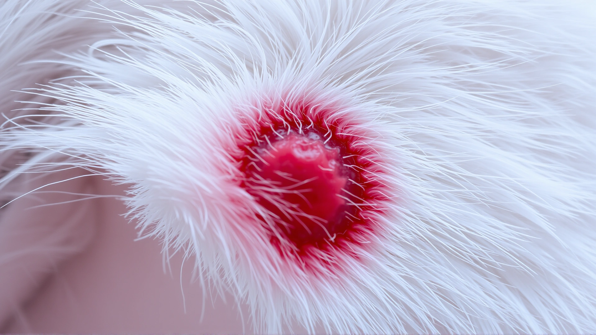 Macro shot of a cat’s white fur revealing a raised red bump on the skin, sharp focus on the lesion