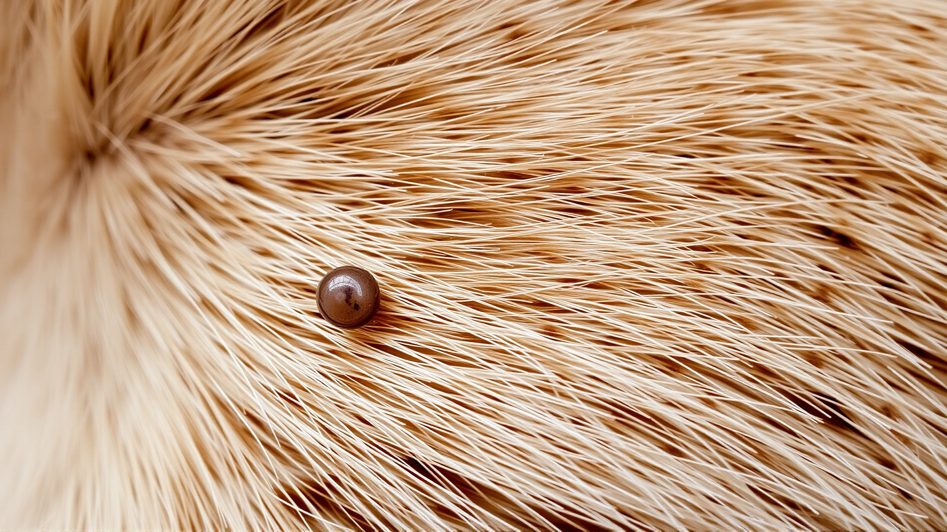 Macro photograph of a cat’s fur with a visible small raised nodule on the skin, neutral background.