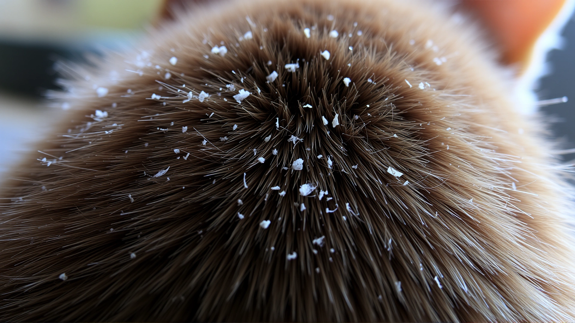 Close-up of a cat’s back showing fine white dandruff flakes dispersed through short fur, natural indoor lighting.