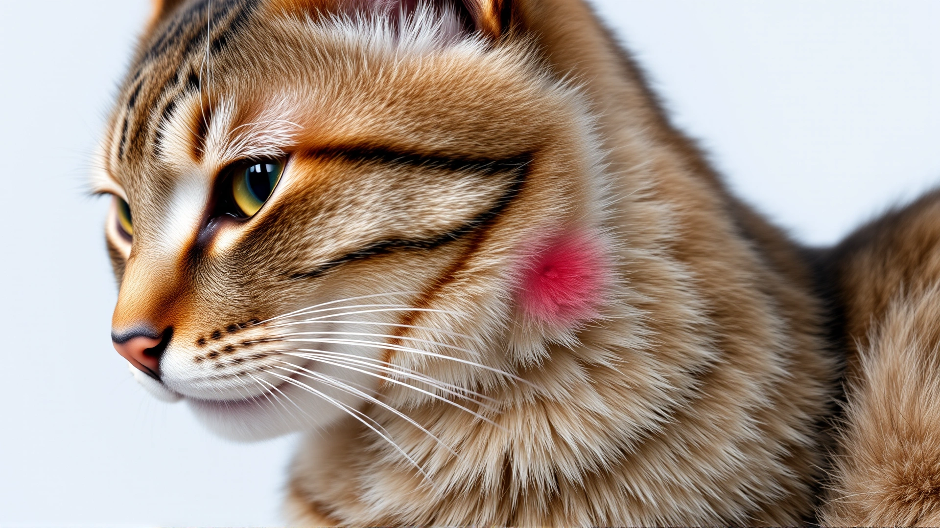 Short-haired tabby cat showing a small shaved spot with mild redness on its skin, photographed in soft studio light to illustrate skin infection.