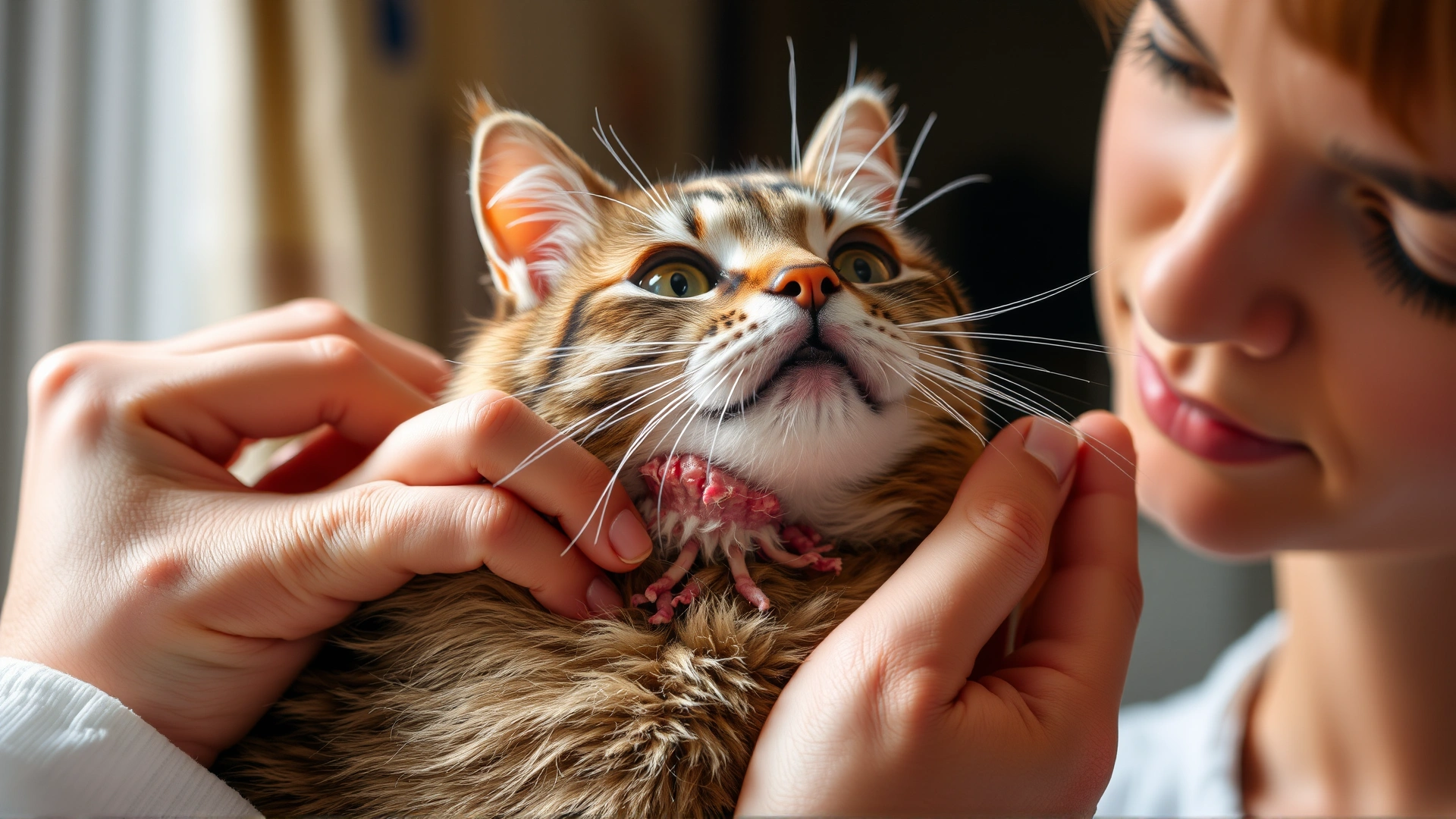 Cat owner gently parting the fur of a cat to inspect flaky skin areas under bright indoor lighting