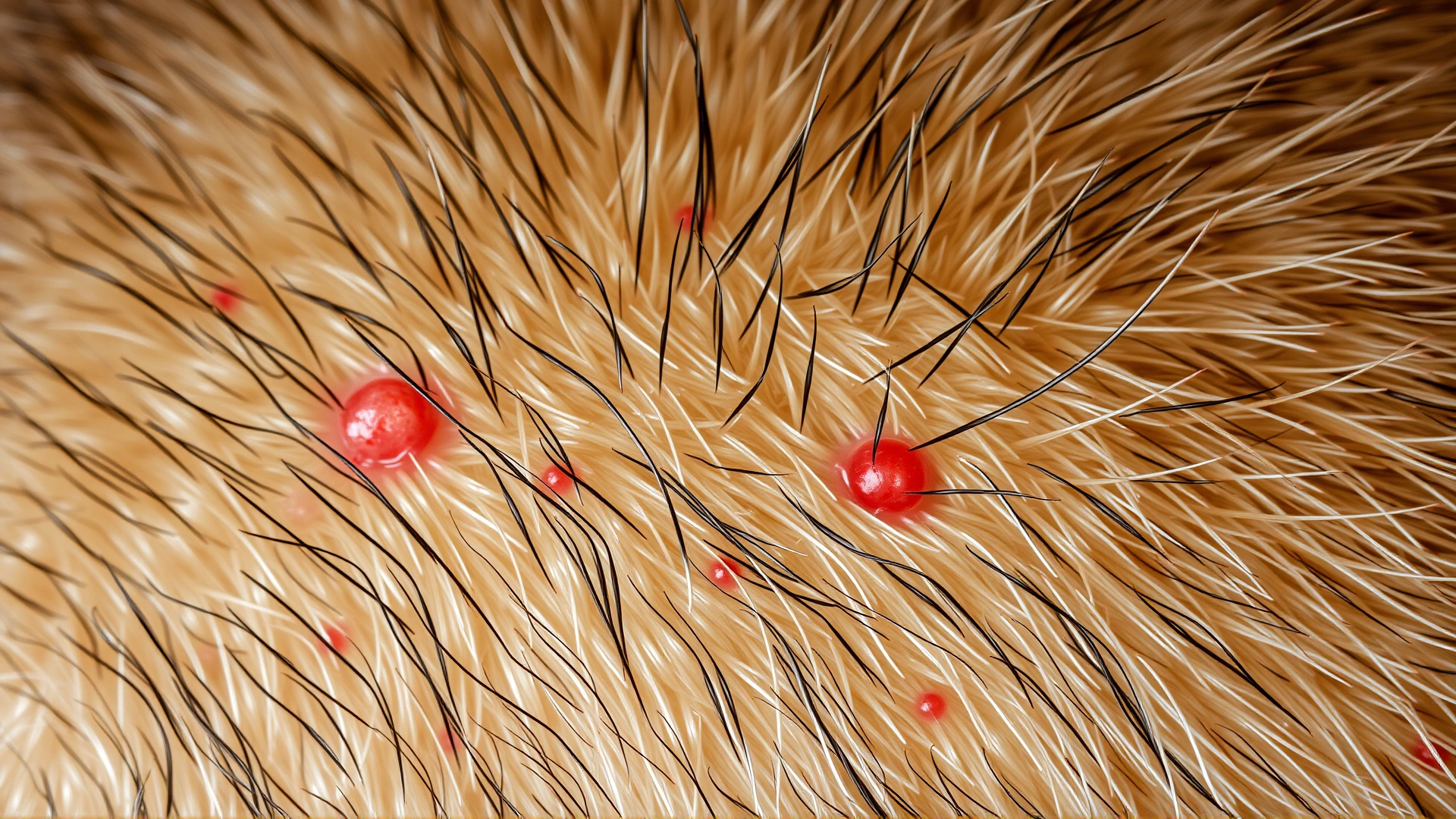 Macro photograph of feline skin showing small pustules and redness among short fur, high detail, no text.