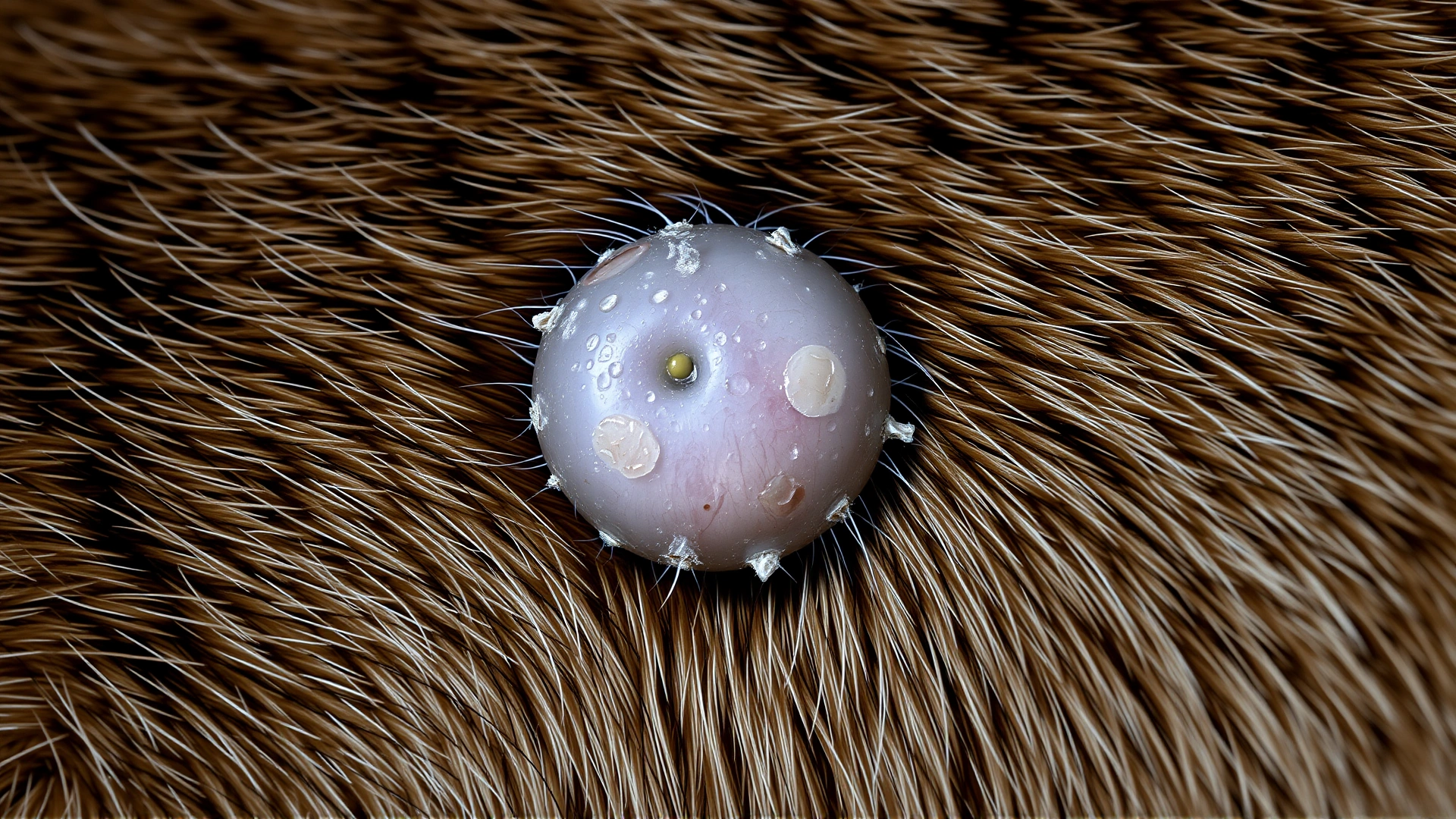 Macro photograph of a cat's fur showing a round, hairless lesion with mild scaling, illustrating the typical appearance of ringworm on feline skin.