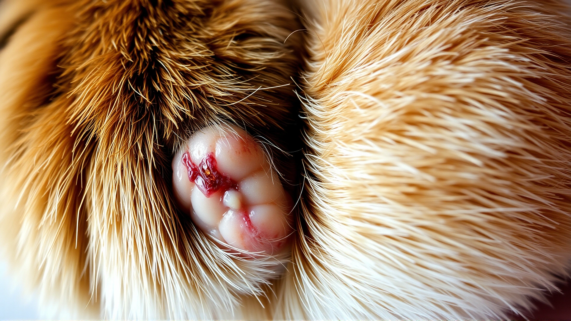 Macro close-up of a cat paw showing an ulcerated cowpox lesion with surrounding fur, studio lighting, detailed texture, high resolution