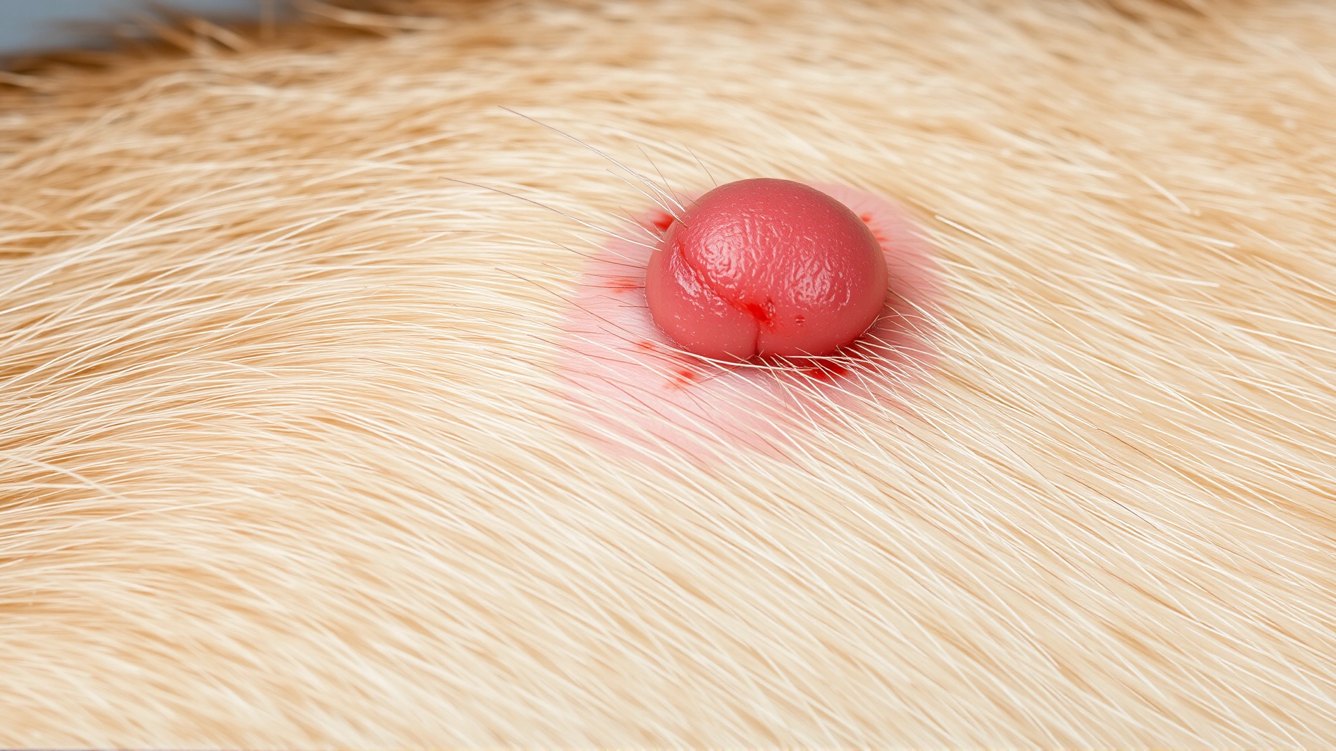 Macro shot of a short-haired cat’s skin showing a single, raised reddish lump with surrounding healthy fur, shot on a neutral background.