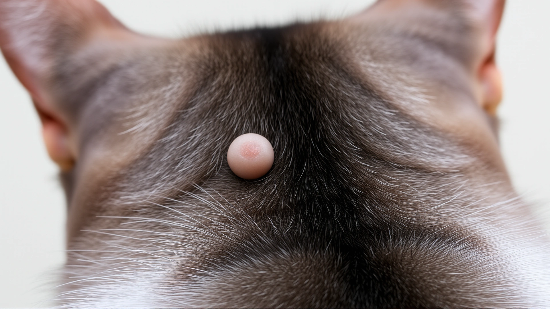 Close-up image of a single raised skin nodule on the back of a short-haired cat, neutral background.
