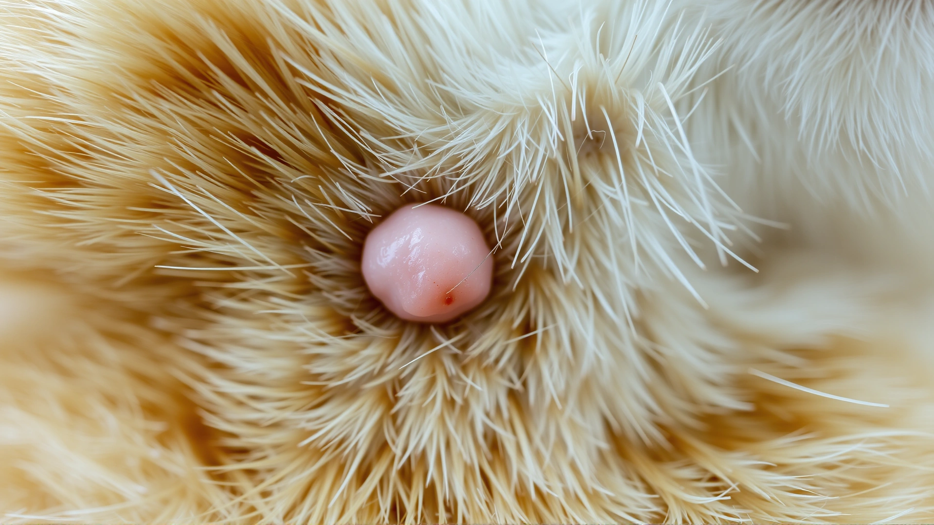 Macro photograph showing a small, raised, flesh-colored nodule on a cat’s neck, fur slightly parted to reveal the lesion, no text.
